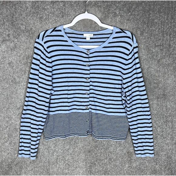 J Jill Cardigan Sweater Womens Size Large Petite Blue Striped Button Up - Picture 1 of 6